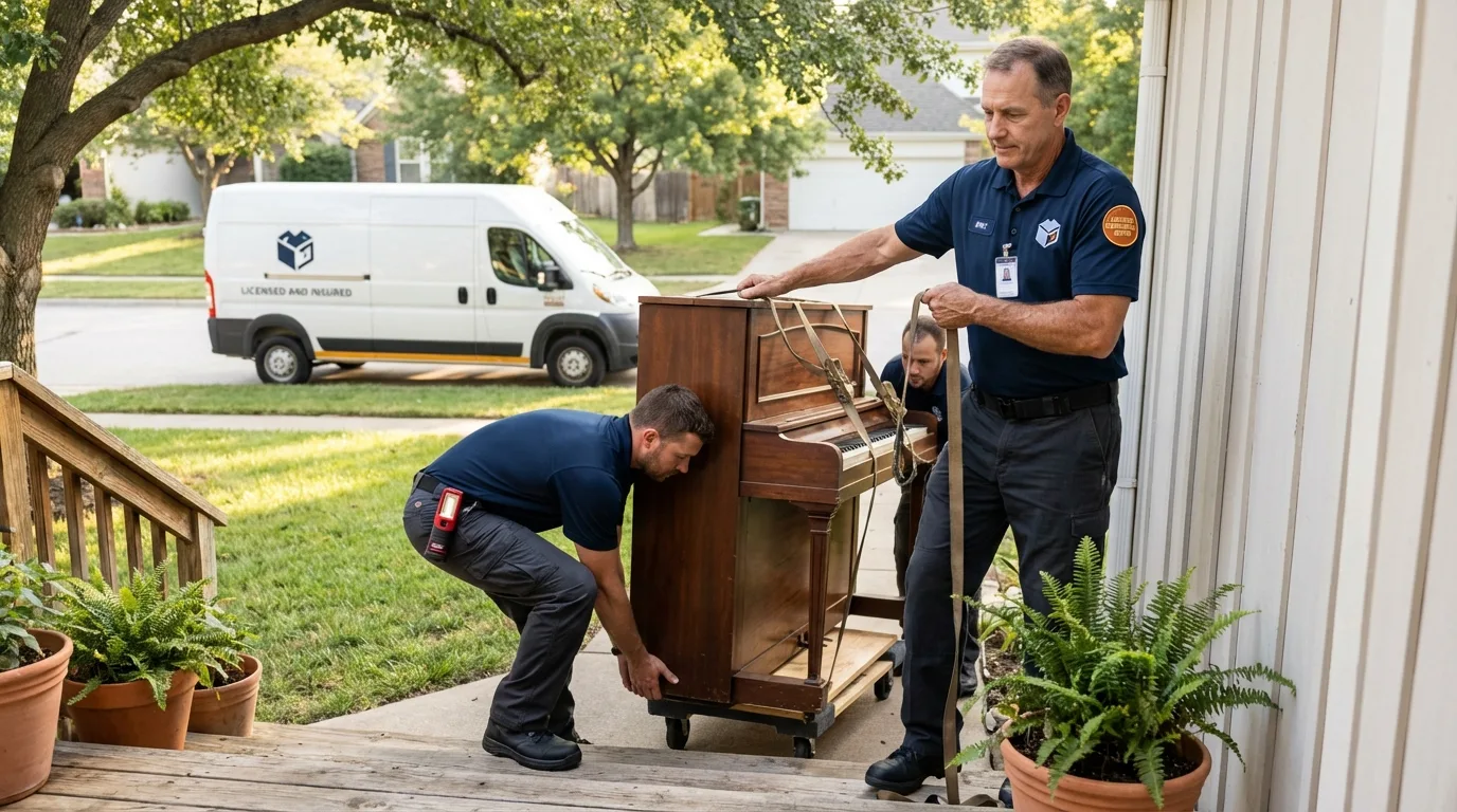 Licensed piano movers securing grand piano in Lagrange, IN