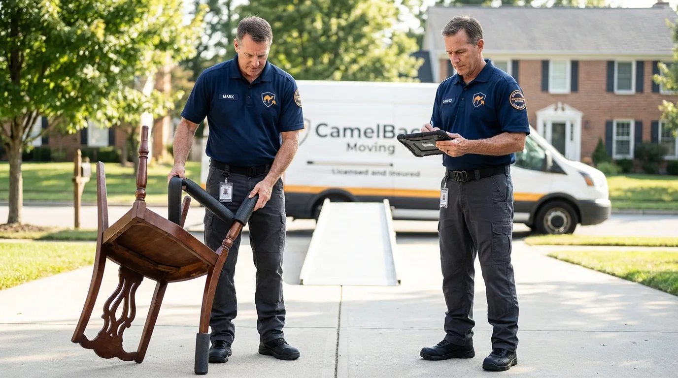 Movers inspecting furniture for damage prevention before loading in Lagrange, IN