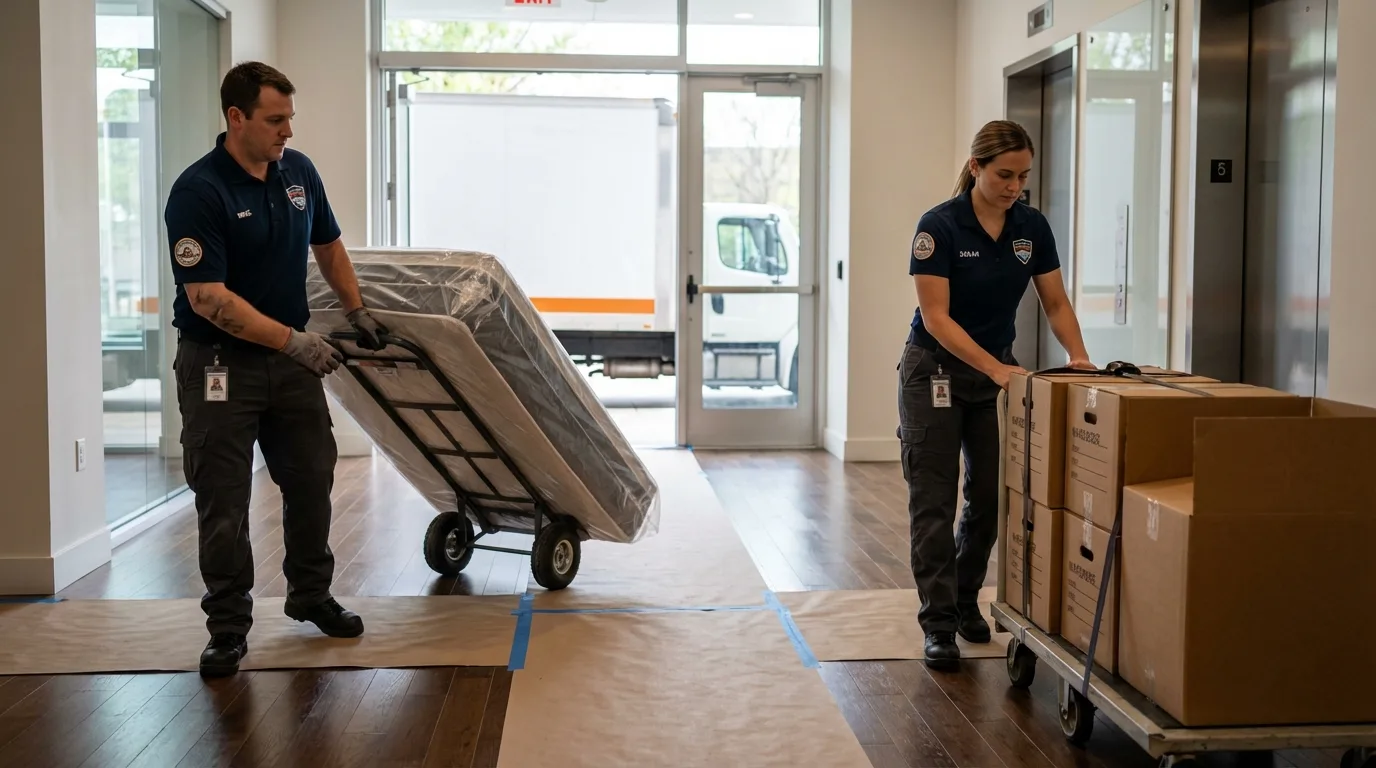 Professional apartment movers loading elevator in Lagrange, IN